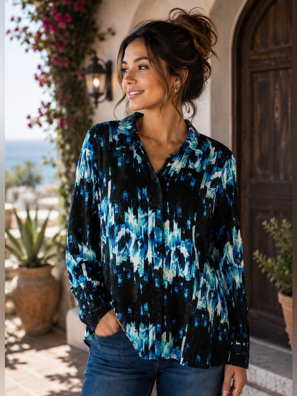 Derek Lam for DesigNation Sheer Blue Abstract Button Front Blouse Size L Career